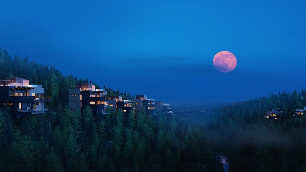 Urban high-rise architectural visualization at dusk with pink moon and city skyline