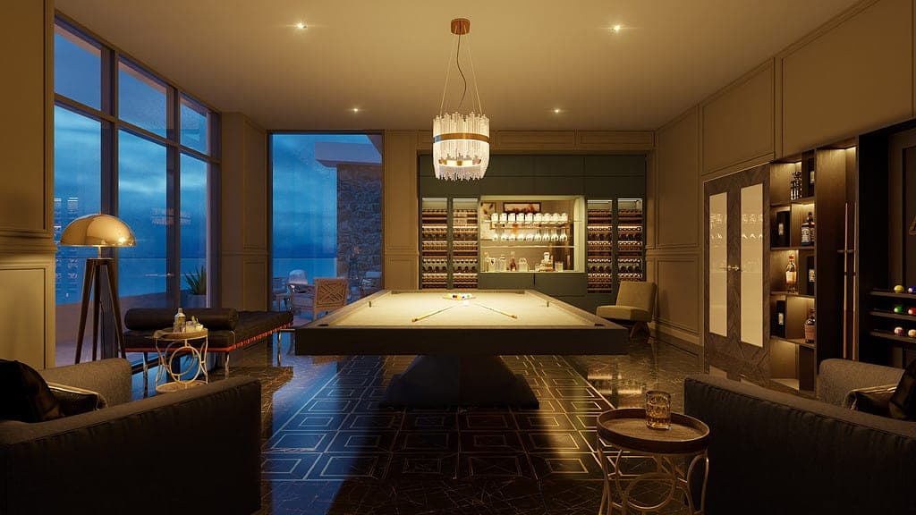 Warm timber interior architectural visualization rendered in V-Ray with natural materials