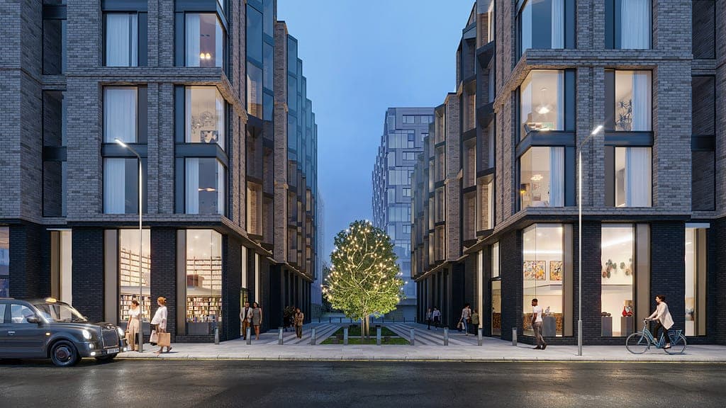 Mixed-use urban development architectural visualization with retail ground floor and residential above