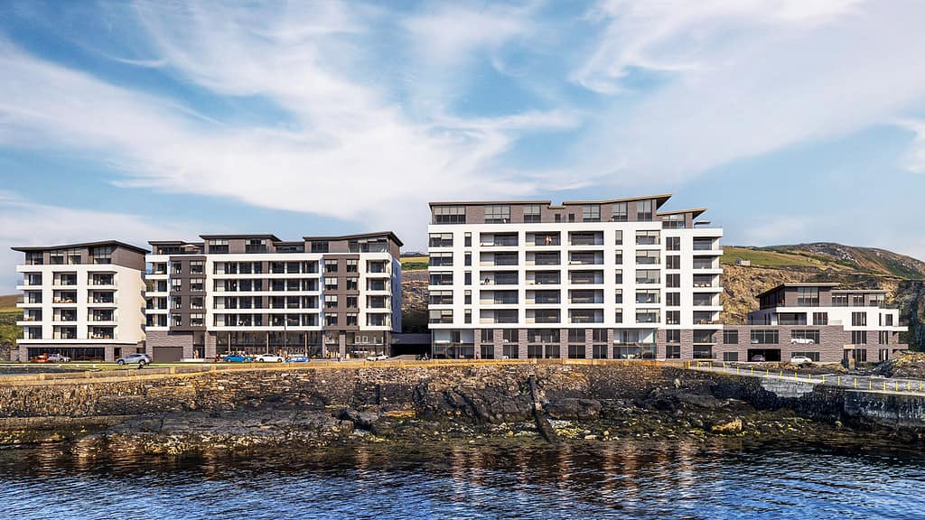 Contemporary housing courtyard architectural render with landscaping and communal spaces