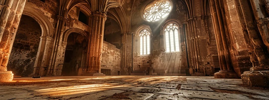 Abandoned gothic cathedral interior with dramatic sunlight streaming through rose window onto weathered stone floor