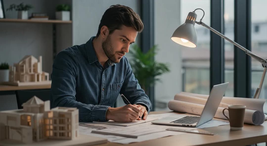 Focused architect working at desk with laptop and coffee in contemporary office