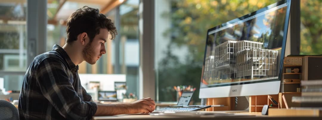 Architect working at iMac displaying 3D architectural model in contemporary studio