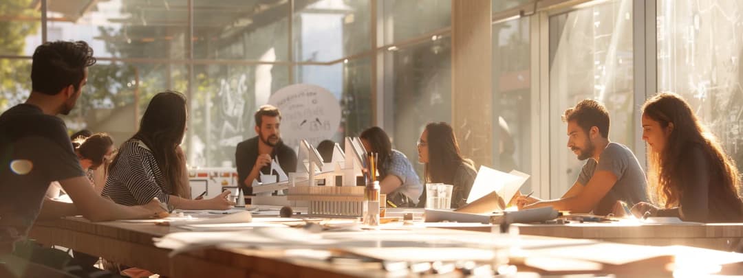 Architecture team collaborating around table in sunlit studio workspace with models
