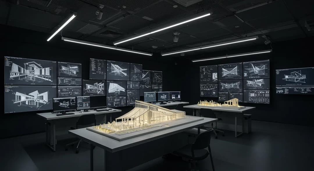Contemporary architecture studio interior with workstations and biophilic planting