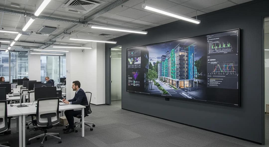 Modern design studio with large presentation screens displaying architectural visualizations