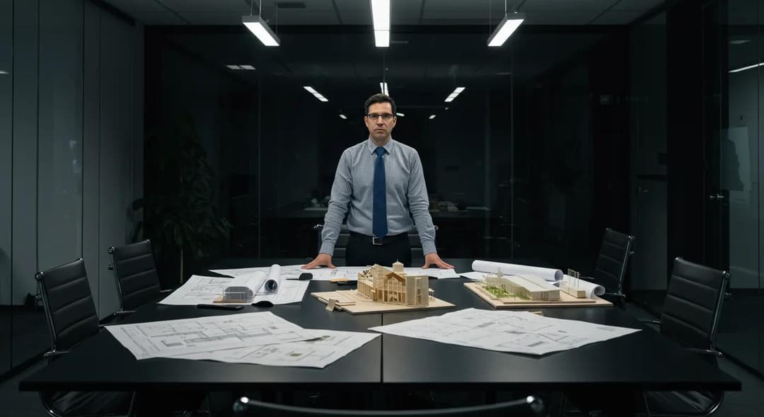 Architect reviewing architectural model in modern office setting