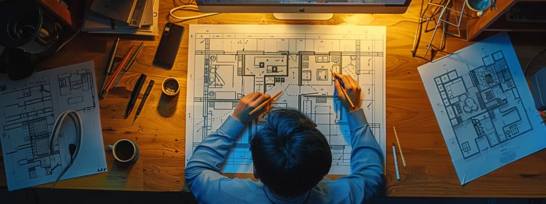Architects reviewing blueprints and floor plans on wooden table with coffee and design materials
