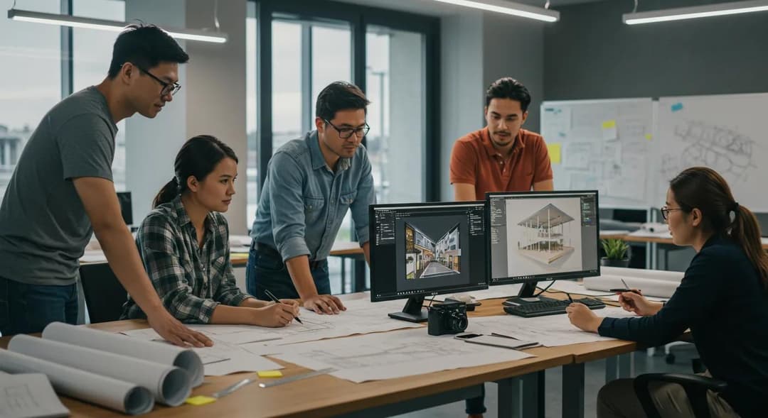 Two architects collaborating at desk reviewing project drawings in modern office