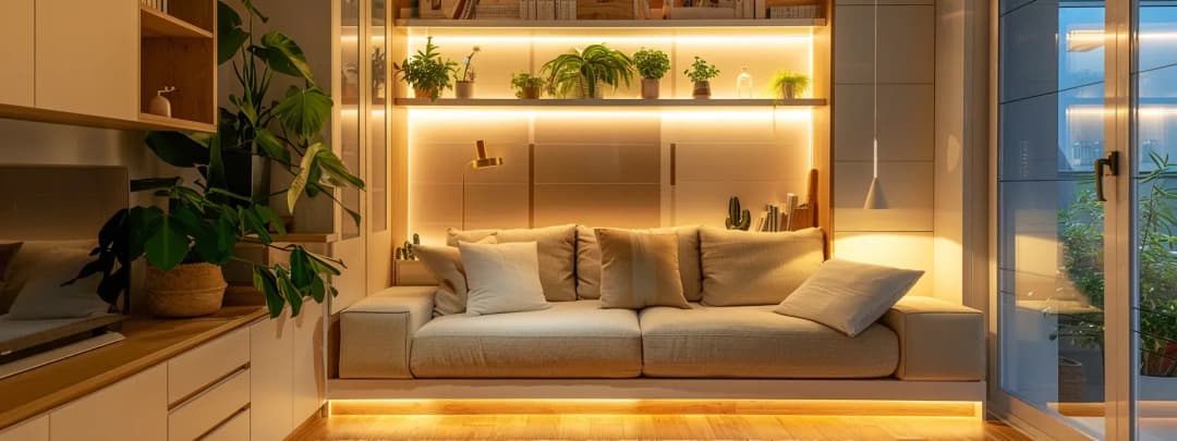 Contemporary living room interior visualization with warm ambient lighting