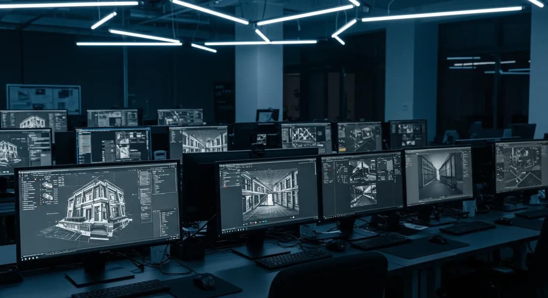 Architecture visualization studio with multiple monitors displaying 3D renders