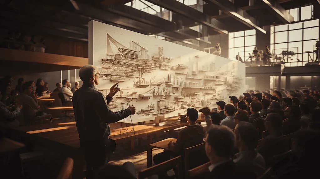 Architecture lecture hall with professor presenting design concepts to student audience