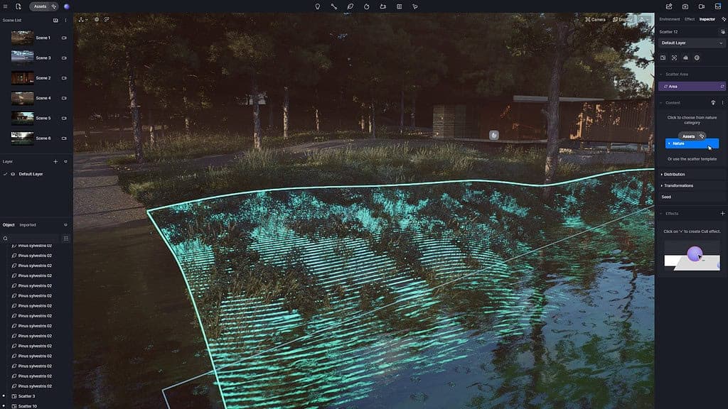 D5 Render scatter system creating forest environment for architectural context