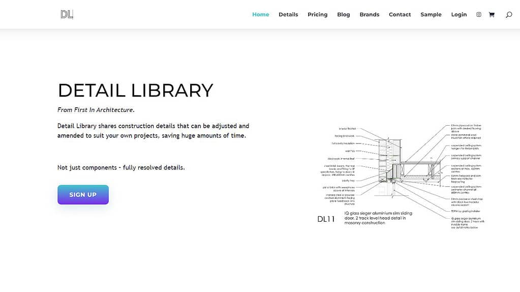 Detail Library homepage interface showing architectural detail drawing database navigation