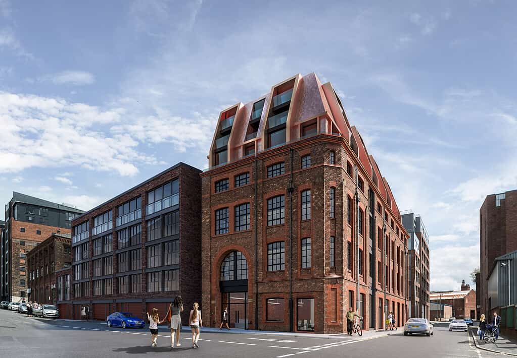 Architectural CGI render of red brick industrial building with modern corner glazing at street level