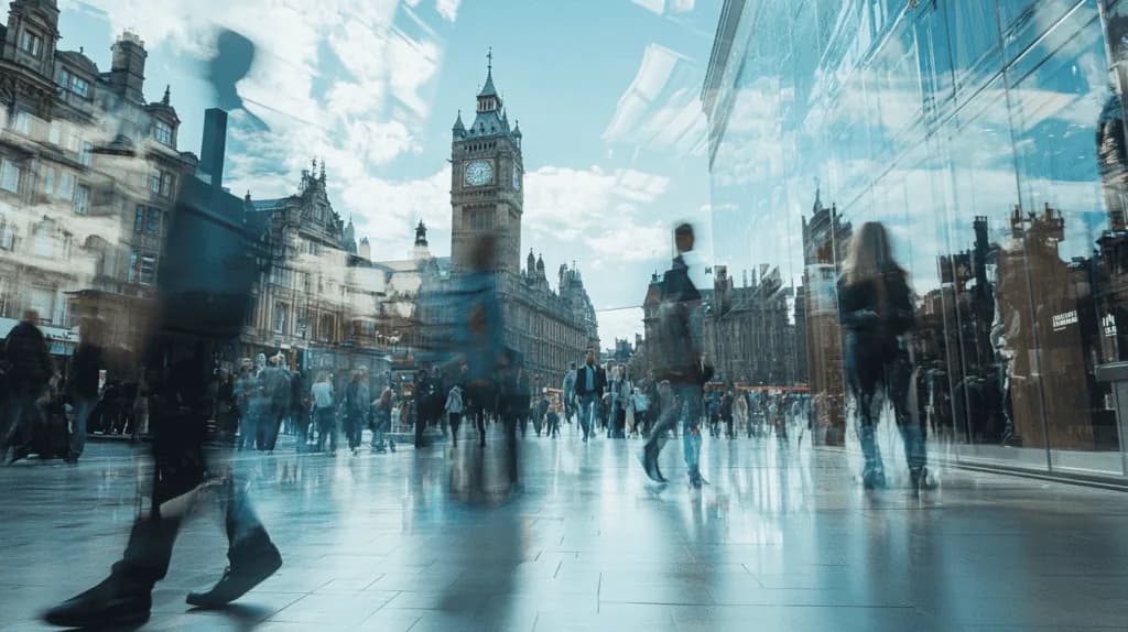 Silhouettes of people moving through urban environment with city architecture reflection