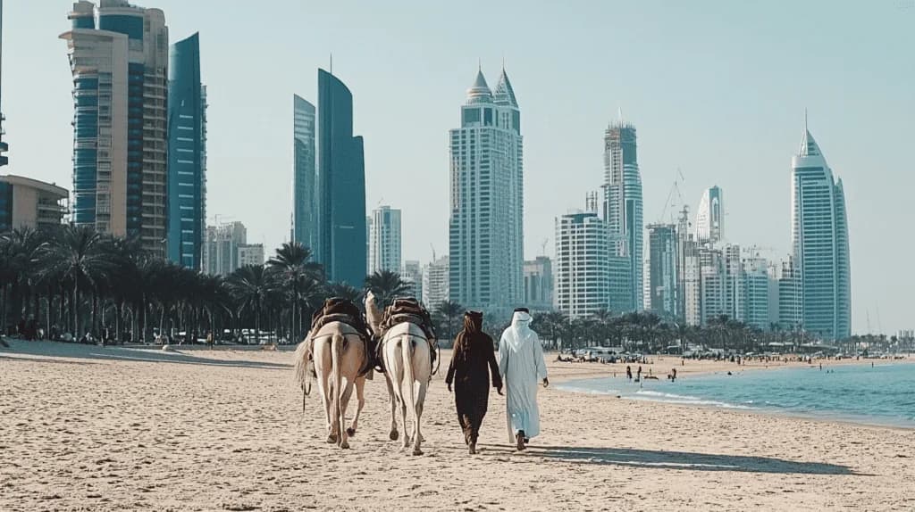 Pedestrians walking through modern city streetscape surrounded by contemporary towers