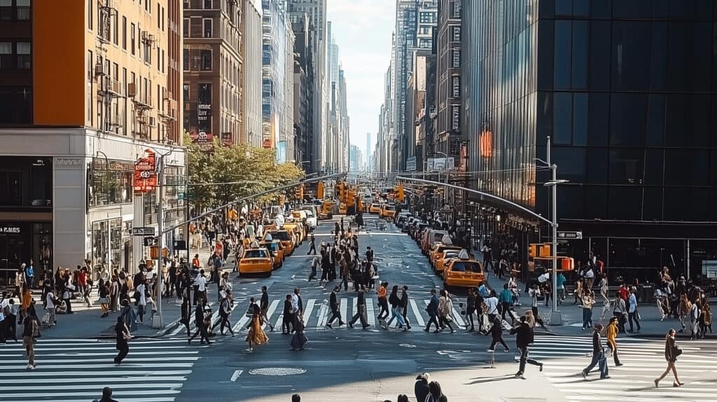 Bustling urban intersection with crowds navigating between architectural landmarks