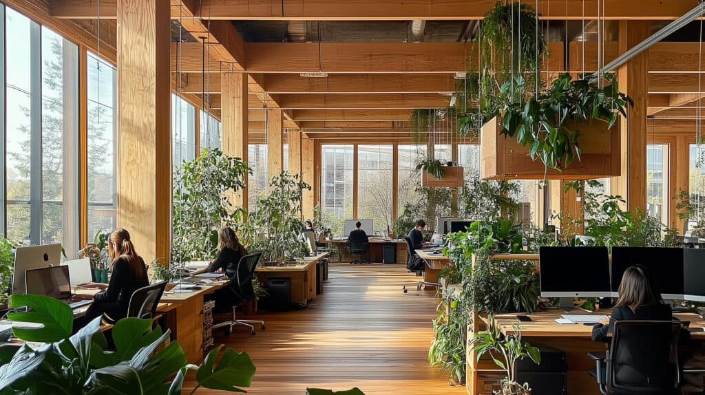 Biophilic office workspace featuring abundant greenery, exposed timber structure and people collaborating at desks