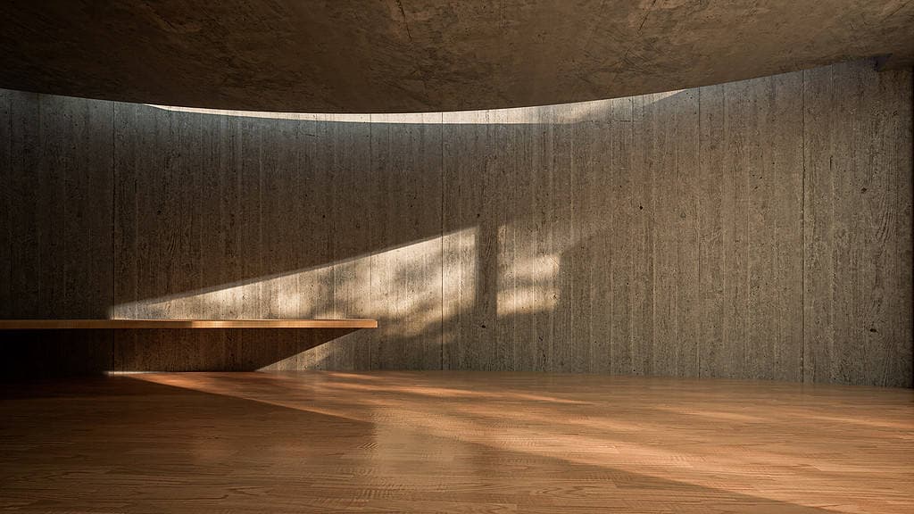 Warm Tadao Ando interior architectural visualization with natural material palette