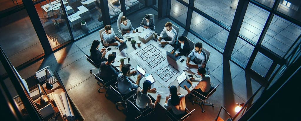 Overhead view of a team of architects discussing a project