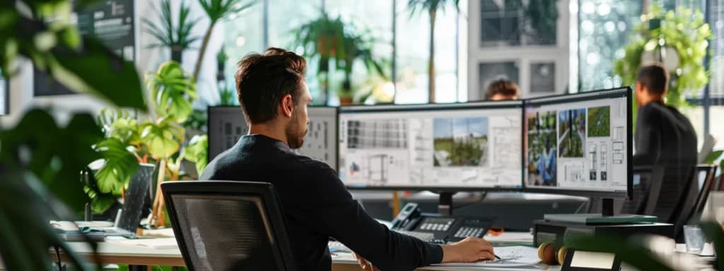 Architect working at multi-monitor workstation displaying architectural visualisations and design software