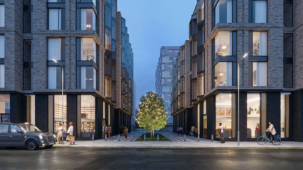 Architectural visualisation of LIV Kempston Street mixed-use development with ground floor retail and evening street activity