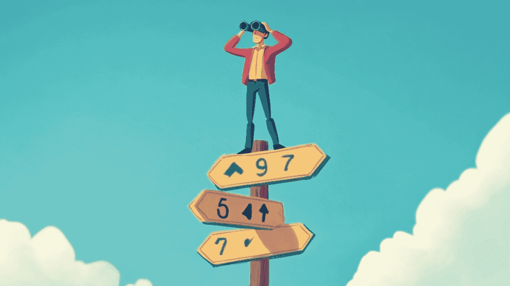 Illustration of graduate standing on signpost at career crossroads deciding which direction to take