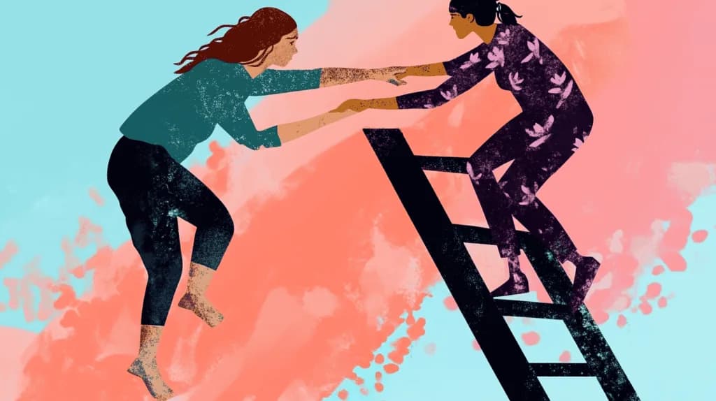 Illustration of mentor reaching down from ladder to help emerging professional climb higher