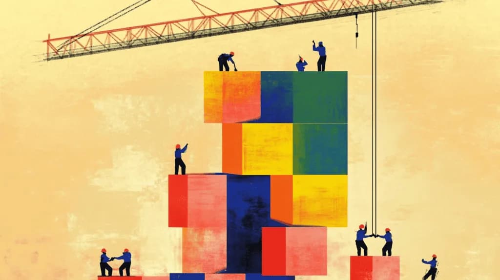 Colourful illustration of team building blocks together representing collaborative career development