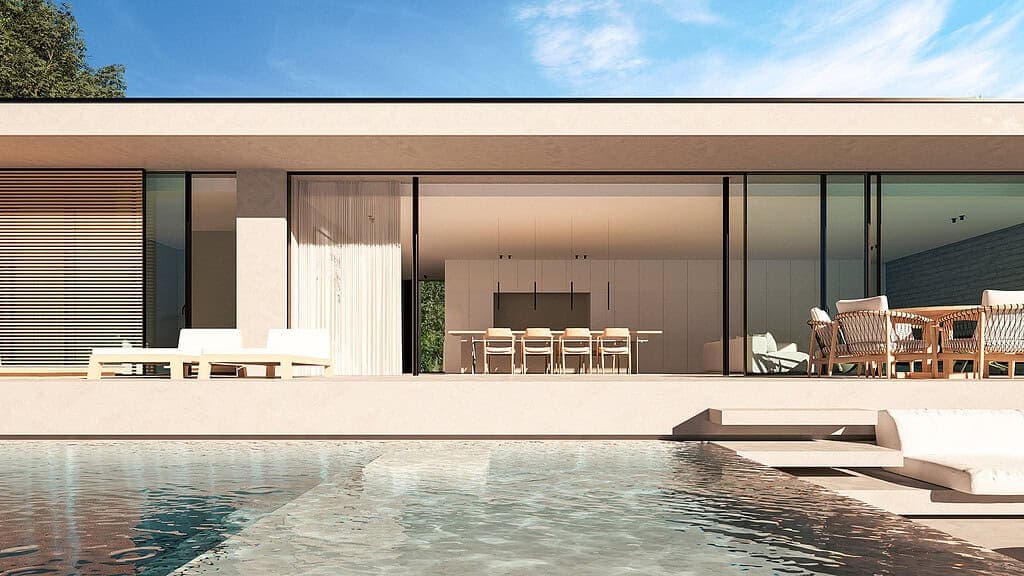 Contemporary building exterior showcasing material finishes, rendered in Lumion