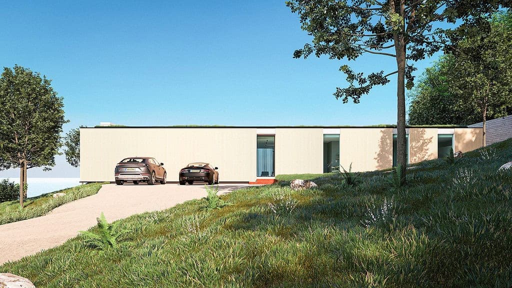 Modern architectural exterior with landscaping context, Lumion render