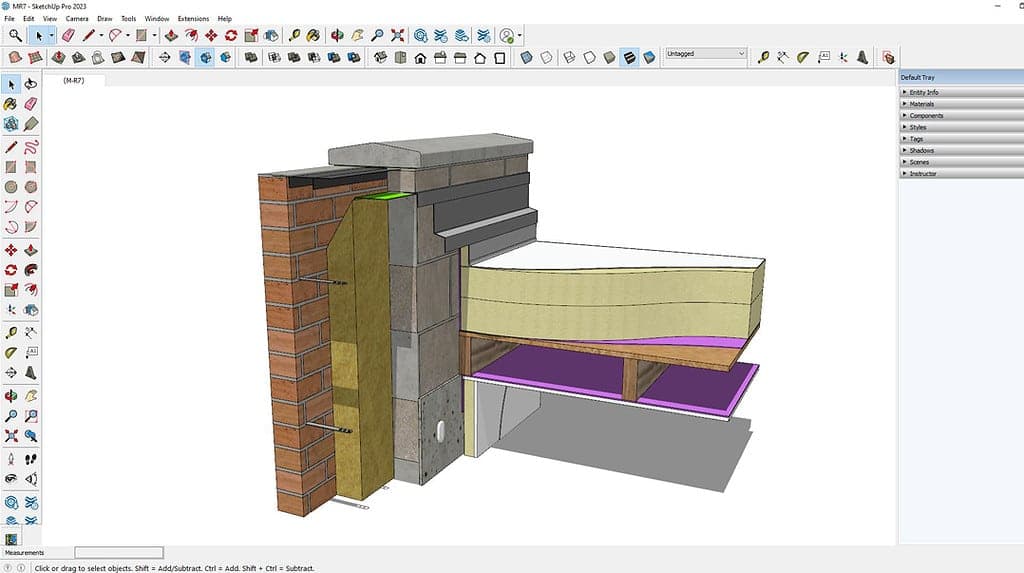 Wall section detail drawing showing construction layers and insulation