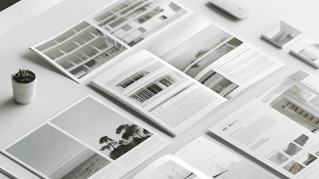 Architecture portfolio page layouts showing project presentation spreads