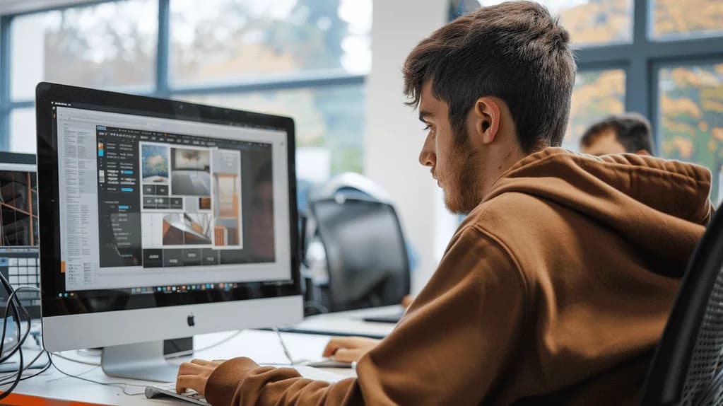 Architect creating portfolio layouts in design software interface