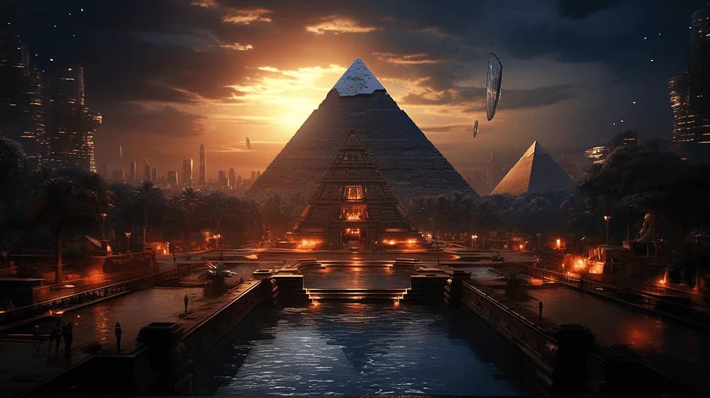 Egyptian pyramids and modern towers comparing architectural scales