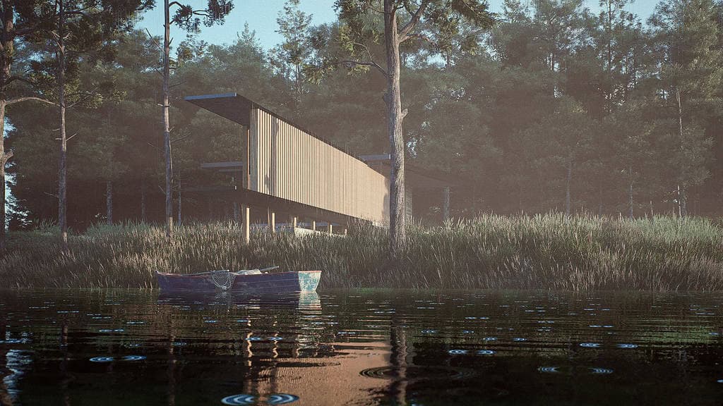 Modern house exterior architectural visualization with water in foreground
