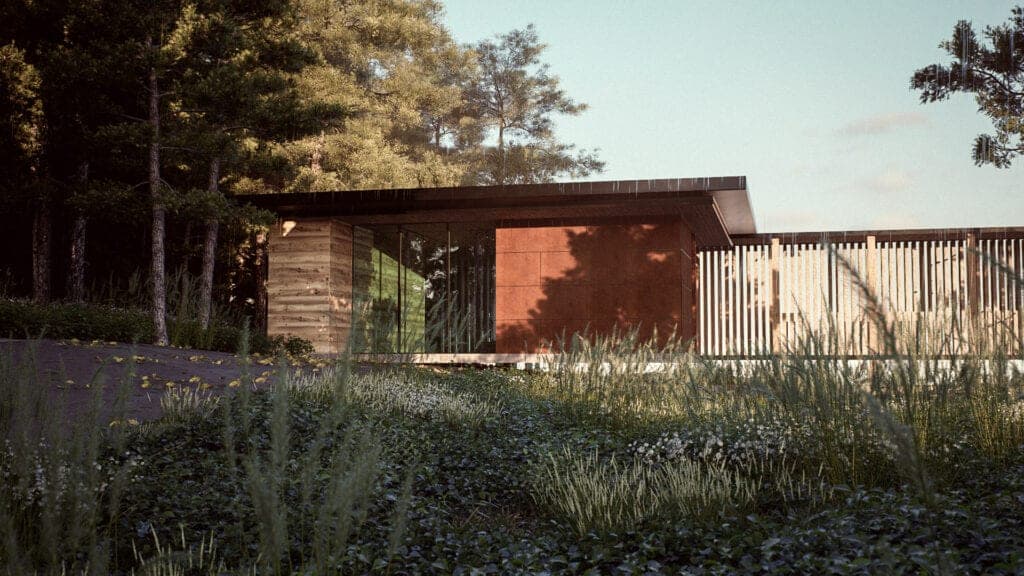 Modern house exterior render showing weathered facade material