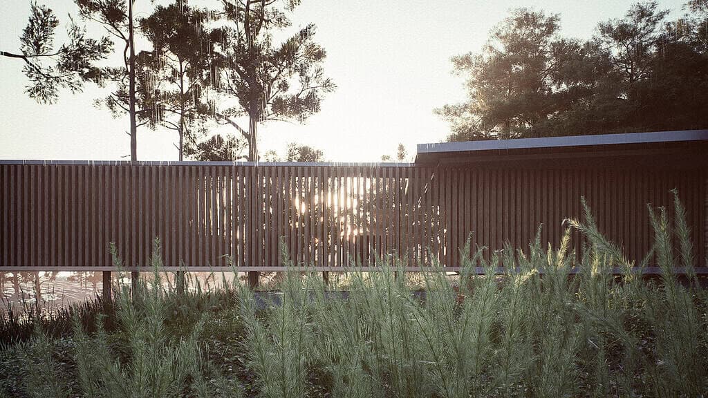 Contemporary house visualization with slatted timber