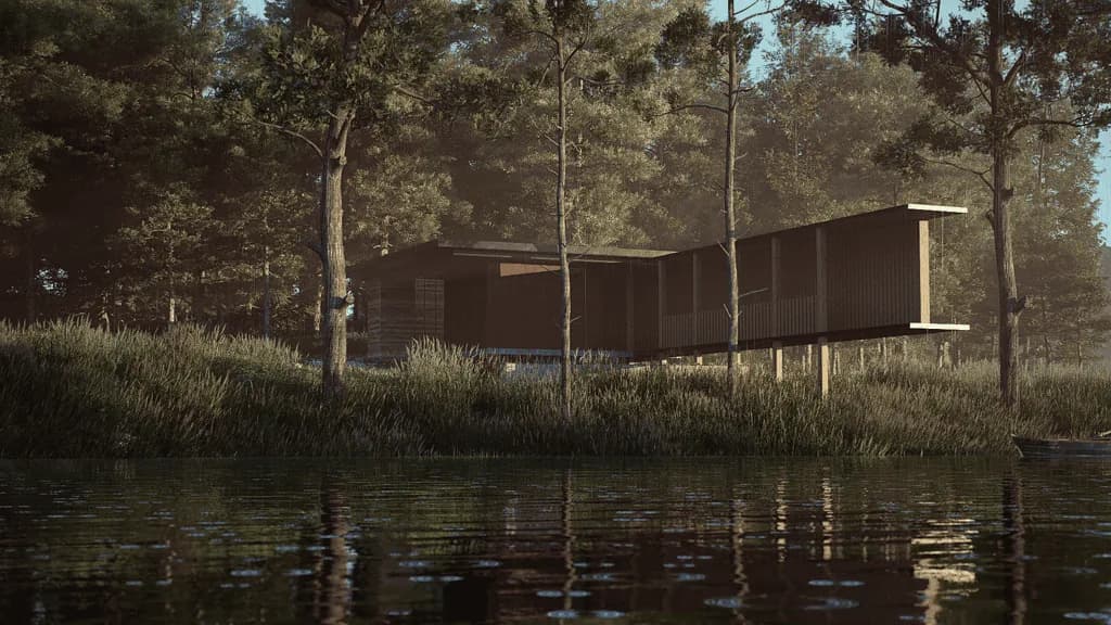 Glass box house architectural render with transparent facade design