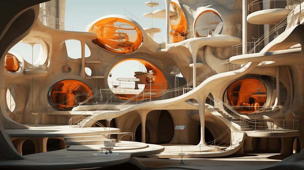 Futuristic organic architecture featuring flowing sculptural forms and bold orange-tinted circular windows