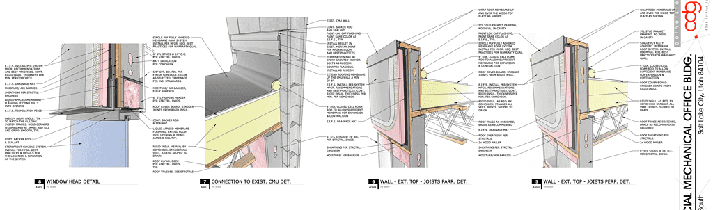Technical architectural section detail drawing showing wall construction and junction details