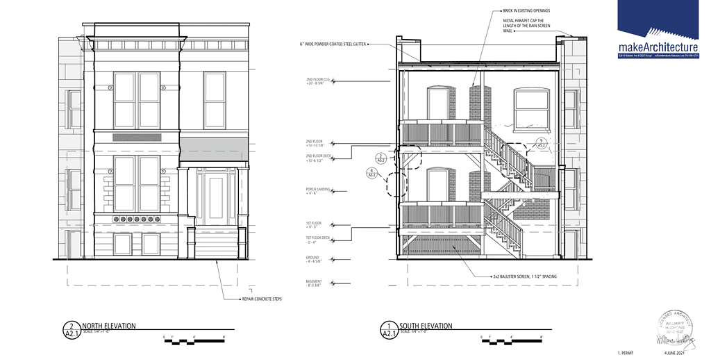 Building section elevation drawing with detailed annotations and technical specifications