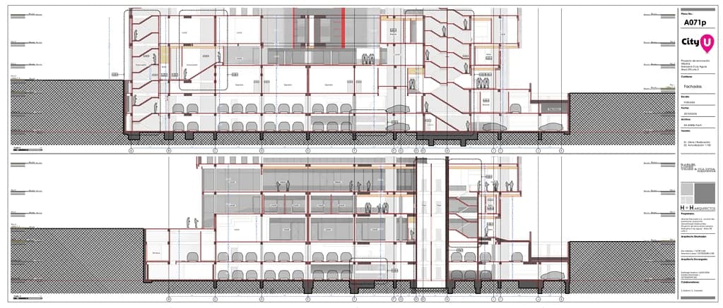 Architectural cross-section showing interior spatial arrangement and construction details