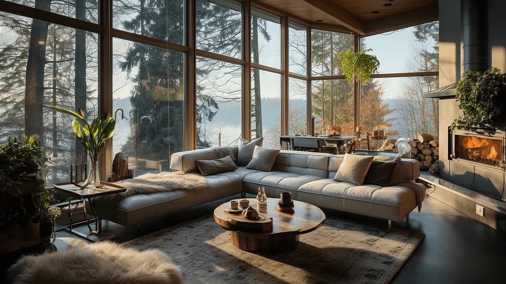 Warm living room interior render with natural lighting and textures