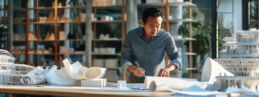 Architect reviewing physical model and drawings on desk in professional studio