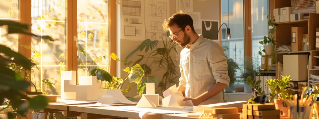 Architects collaborating around table reviewing project drawings in modern office