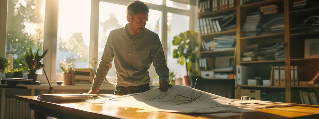 Architect standing in contemporary office with workstations and city views