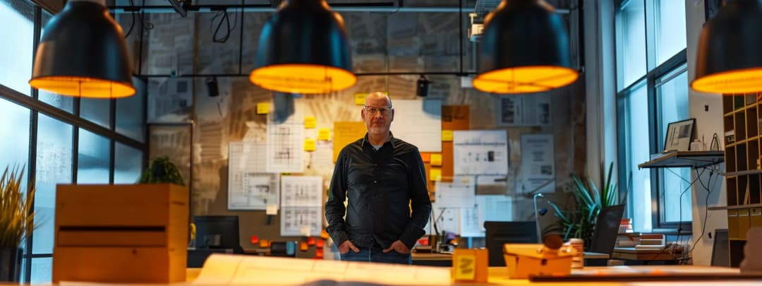 Senior architect reviewing BIM model on screen in modern design studio