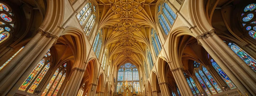 Dramatic gothic cathedral interior with vaulted ceiling and stained glass windows
